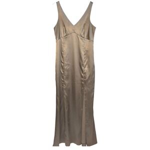 Birdy Grey Maxi Dress Formal Evening Gown Bridesmaid‎ Dress Tan Gold V Neck SZ L
